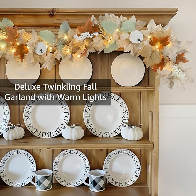 Neutral Fall Garland for Mantle Fireplace - 4 Pack Total 48Ft Outdoor Autumn Leaves Decor for Home Front Door with Pumpkins Indoor Maple for Farmhouse Stairs Porch Halloween Thanksgiving Decorations