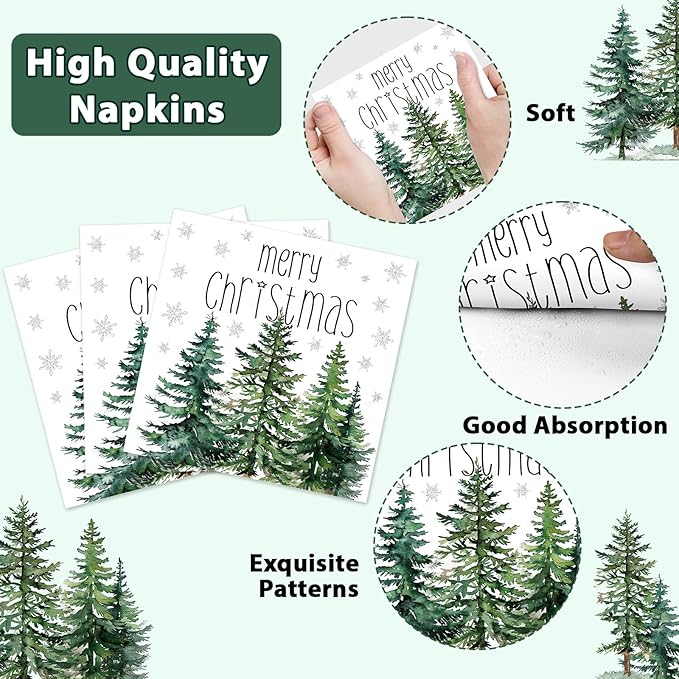 50Pcs Christmas Tree Paper Plates and Napkins Merry Christmas Watercolor Green Cedar Snowflake Party Tableware Set Xmas Pine Trees Disposable Dinnerware for Winter Xmas Holiday Party Decor Supplies