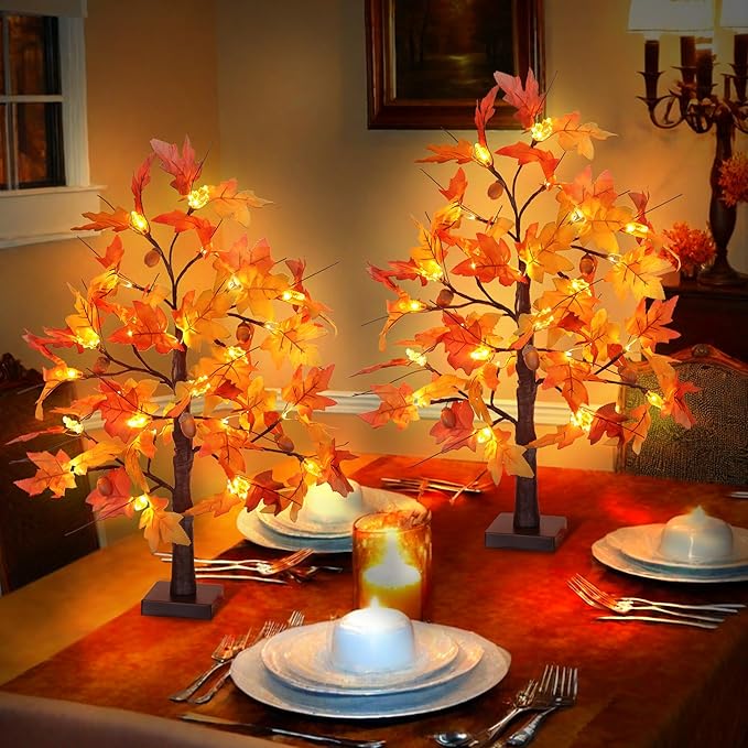 2 Pack 24 Inch Fall Maple Tree Fall Thanksgiving Decorations with Lights Lighted Artificial Tree with Pumpkin Acorn Maple Thanksgiving Table Decoration Centerpieces Indoor Friendsgiving Decor for Home