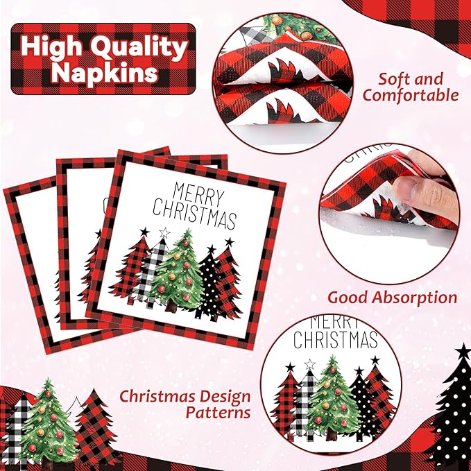 50Pcs Christmas Buffalo Plaid Tree Paper Plates and Napkins Red and Black Gingham Table Decoration Merry Christmas Disposable Party Tableware Set Serves 25 Guest Winter Xmas Holiday Party Supplies