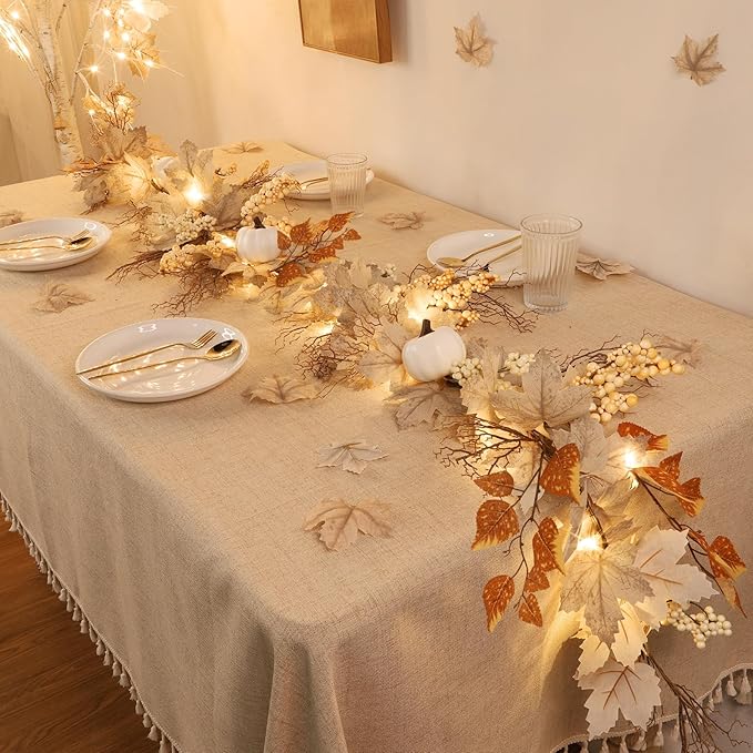 Timer - Thanksgiving Decorations Fall Garland, 6FT Maples Leaf Garlands with Lights Battery Operated Thanksgiving Garland with Pumpkins Berries for Home Indoor Outdoor Table Fireplace Wedding