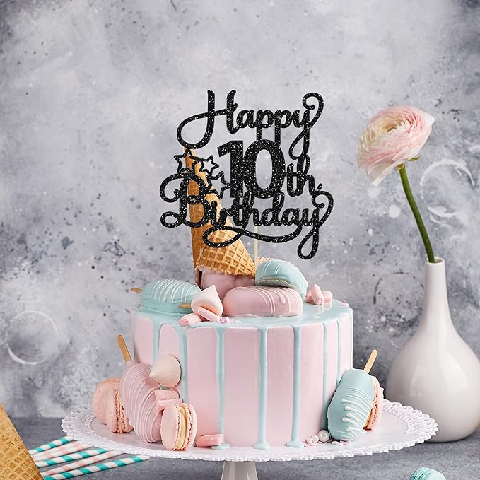 1 Pack Happy 10th Birthday Cake Topper Glitter Heart Star 10 Fabulous Cake Pick Birthday Sign Cake Decorations for Children 10th Birthday Theme Party Supplies Black