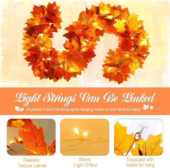 Joyhalo 4 Pack Fall Garland with Lights, Fall Leaves for Mantle, Outdoor Lighted Up Leaf Garland Autumn Decor with 6.5FT LED Lights, Maple Leaves for Table, Home, Indoor, Thanksgiving Decorations