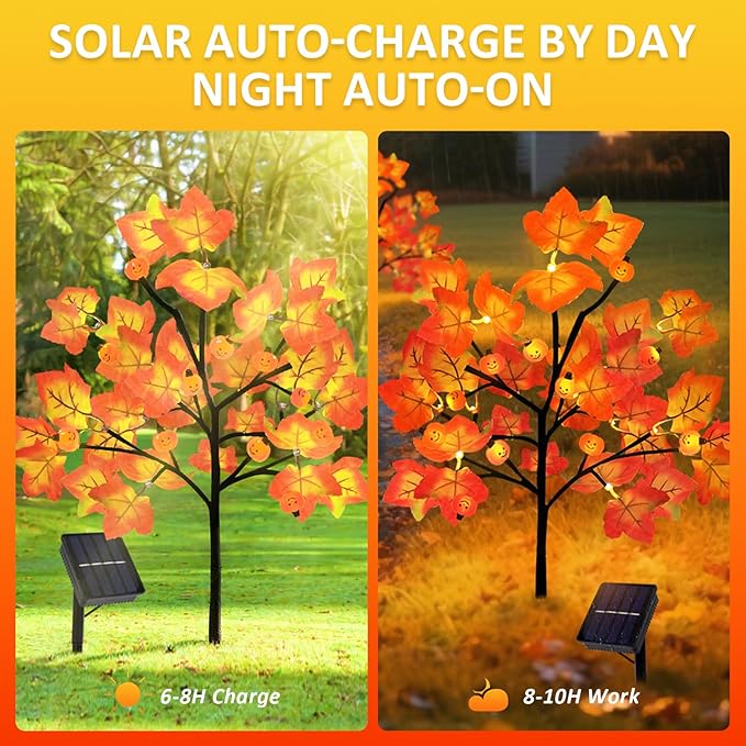 4 Packs Solar Fall Thanksgiving Decorations Outdoor, 80LED Maple Leaf Pumpkin Fall Lights for Outdoor Fall Decorations, Waterproof Thanksgiving Lights for Yard, Pathway Harvest Decor