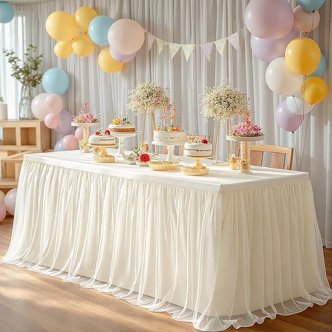 4 Pack Ivory Tablecloths for 6 Foot Rectangle Tables with Tulle Table Skirt Wedding Table Cover Stretchy Fitted Ruffle Tutu Tablecloth for Baby Shower Reception Birthday Parties Celebration Banquet