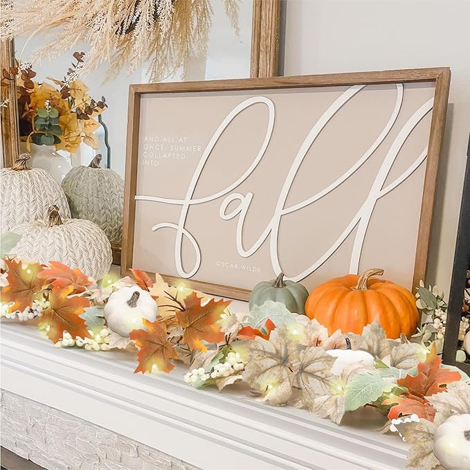 Neutral Fall Garland for Mantle Fireplace - 2 Pack Total 24Ft Outdoor Autumn Leaves Decor for Home Front Door with Pumpkins Indoor Maple for Farmhouse Stairs Porch Halloween Thanksgiving Decorations