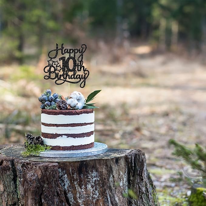 1 Pack Happy 10th Birthday Cake Topper Glitter Heart Star 10 Fabulous Cake Pick Birthday Sign Cake Decorations for Children 10th Birthday Theme Party Supplies Black