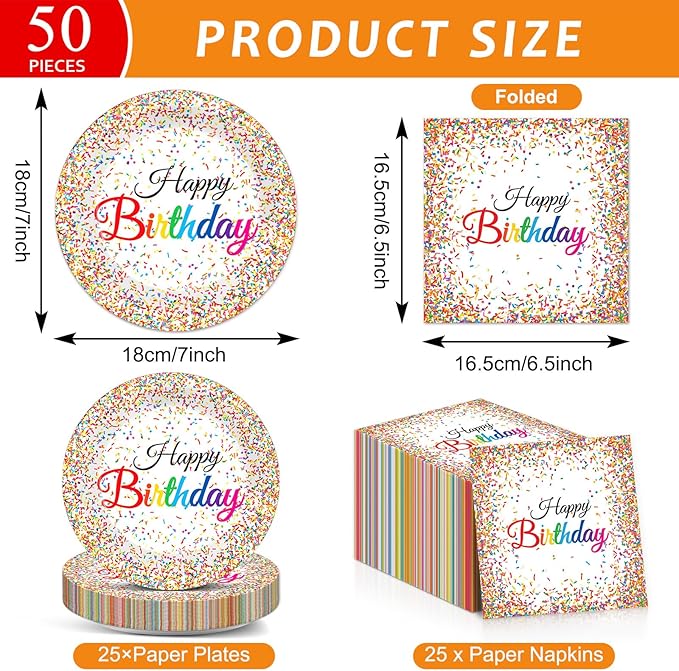 CHUNNIN 50PCS Confetti Sprinkles Plates and Napkins Pastel Happy Birthdays Party Decorations Confetti Theme Party Tableware Set Serves 25 Guest Baby Shower Birthday Supplies