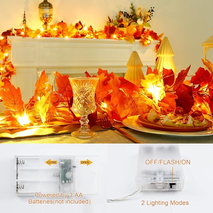 Joyhalo 4 Pack Fall Garland with Lights, Fall Leaves for Mantle, Outdoor Lighted Up Leaf Garland Autumn Decor with 6.5FT LED Lights, Maple Leaves for Table, Home, Indoor, Thanksgiving Decorations