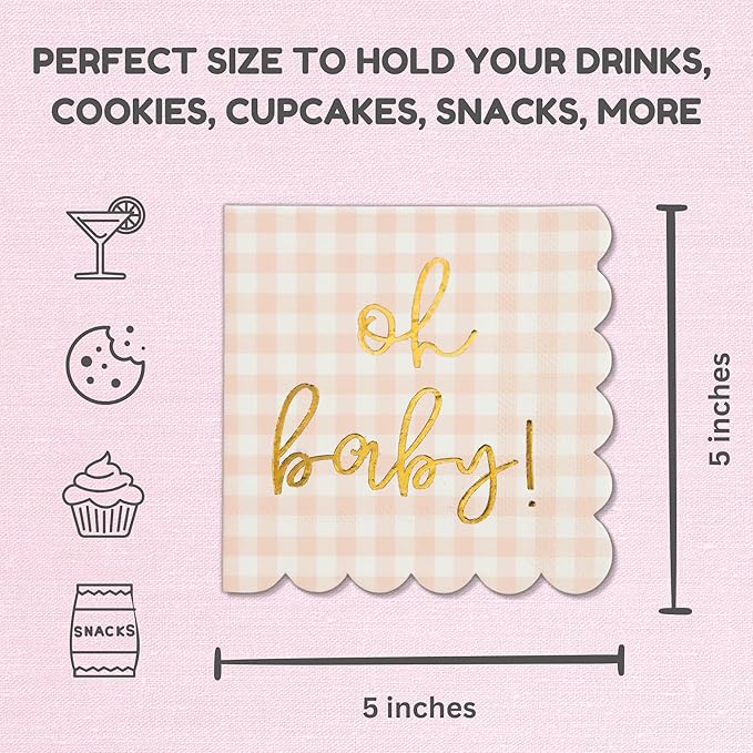 'Oh Baby' Pink Baby Shower Decorations for Girls, Pink Plaid Oh Baby Napkins, Gingham Scalloped It's a Girl Decor, 1st Birthday, Welcome Home, Sprinkles, Pregnancy Announcement, 50 Pack
