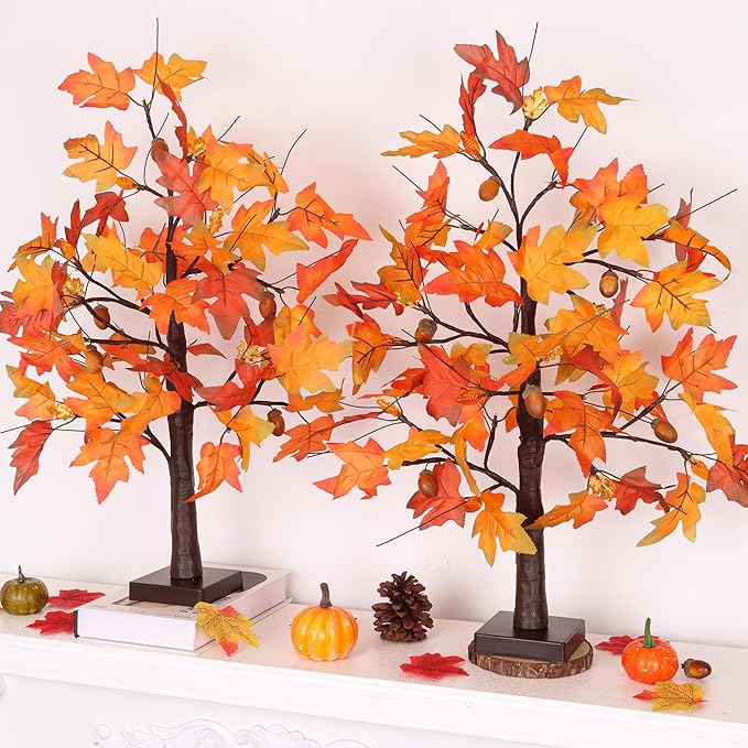2 Pack 24 Inch Fall Maple Tree Fall Thanksgiving Decorations with Lights Lighted Artificial Tree with Pumpkin Acorn Maple Thanksgiving Table Decoration Centerpieces Indoor Friendsgiving Decor for Home
