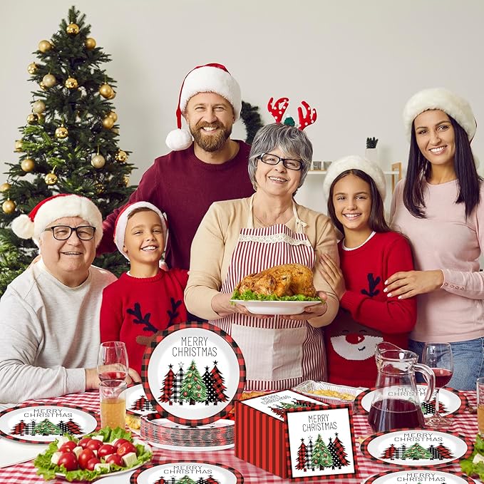 50Pcs Christmas Buffalo Plaid Tree Paper Plates and Napkins Red and Black Gingham Table Decoration Merry Christmas Disposable Party Tableware Set Serves 25 Guest Winter Xmas Holiday Party Supplies