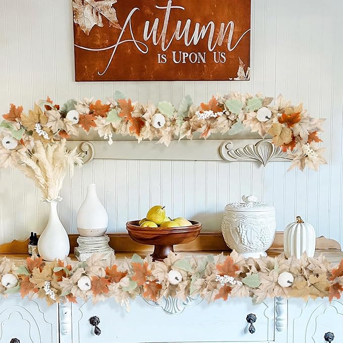 Neutral Fall Garland for Mantle Fireplace - 2 Pack Total 24Ft Outdoor Autumn Leaves Decor for Home Front Door with Pumpkins Indoor Maple for Farmhouse Stairs Porch Halloween Thanksgiving Decorations