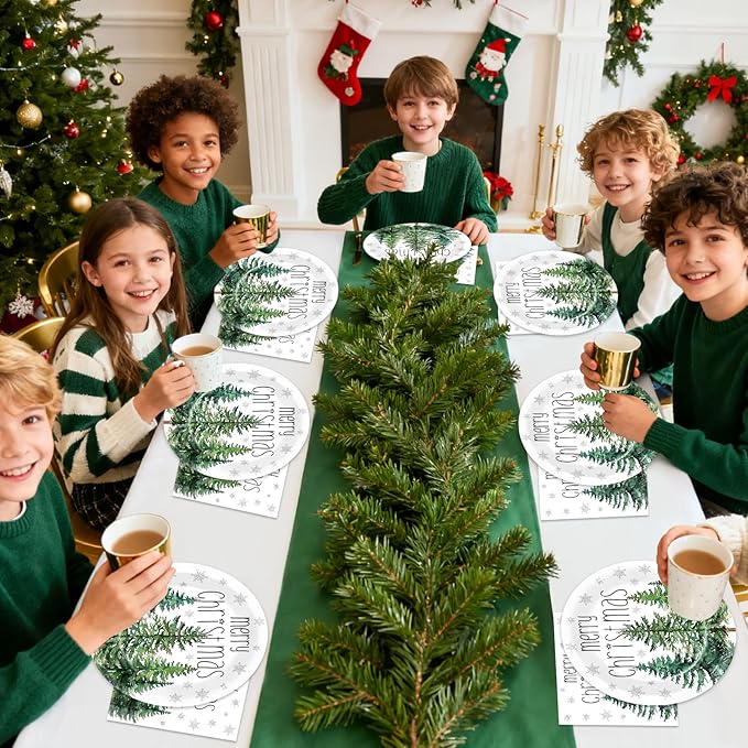 50Pcs Christmas Tree Paper Plates and Napkins Merry Christmas Watercolor Green Cedar Snowflake Party Tableware Set Xmas Pine Trees Disposable Dinnerware for Winter Xmas Holiday Party Decor Supplies