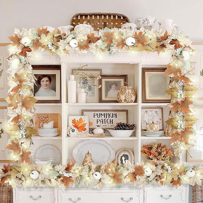 Neutral Fall Garland for Mantle Fireplace - 2 Pack Total 24Ft Outdoor Autumn Leaves Decor for Home Front Door with Pumpkins Indoor Maple for Farmhouse Stairs Porch Halloween Thanksgiving Decorations