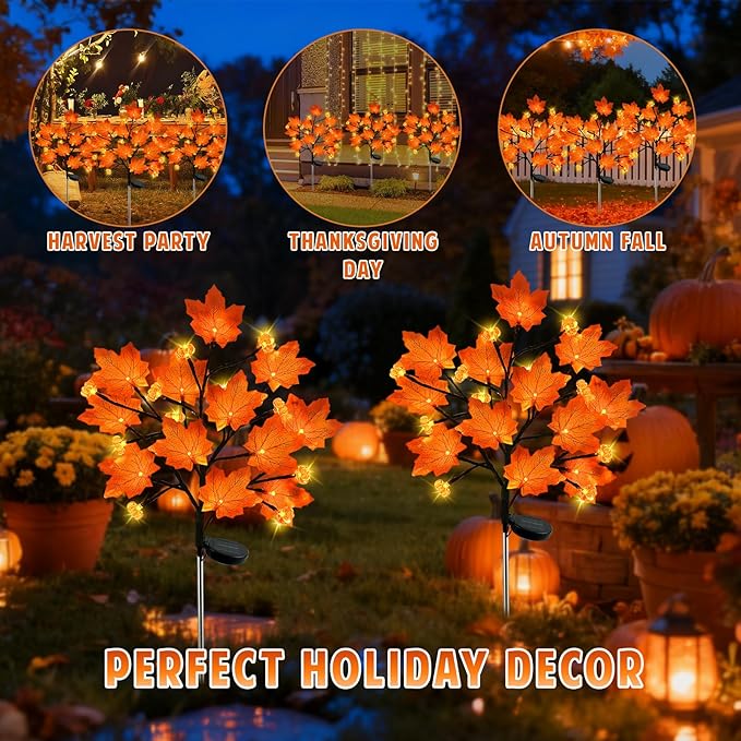 4Pack Fall Solar Lights Outdoor Decorative, Waterproof 80Led Orange Solars Lights Outdoor with 8 Modes, Pumpkin Solar Light for Fall Yard Outside Halloween Thanksgiving Decorations