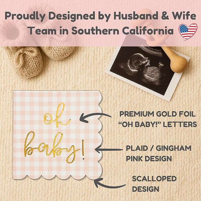 'Oh Baby' Pink Baby Shower Decorations for Girls, Pink Plaid Oh Baby Napkins, Gingham Scalloped It's a Girl Decor, 1st Birthday, Welcome Home, Sprinkles, Pregnancy Announcement, 50 Pack