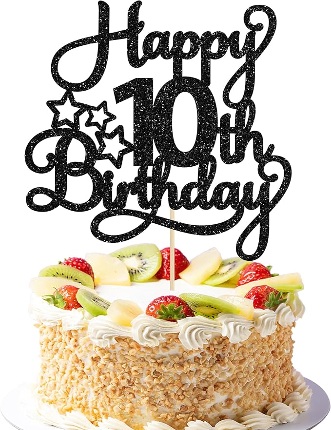 1 Pack Happy 10th Birthday Cake Topper Glitter Heart Star 10 Fabulous Cake Pick Birthday Sign Cake Decorations for Children 10th Birthday Theme Party Supplies Black