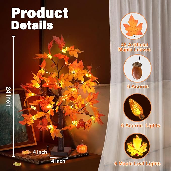 2 Pack 24 Inch Fall Maple Tree Fall Thanksgiving Decorations with Lights Lighted Artificial Tree with Pumpkin Acorn Maple Thanksgiving Table Decoration Centerpieces Indoor Friendsgiving Decor for Home