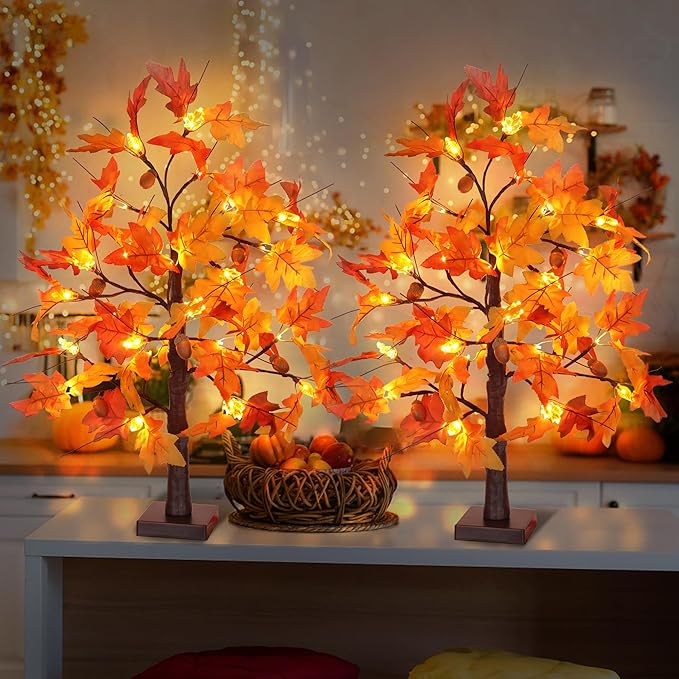 2 Pack 24 Inch Fall Maple Tree Fall Thanksgiving Decorations with Lights Lighted Artificial Tree with Pumpkin Acorn Maple Thanksgiving Table Decoration Centerpieces Indoor Friendsgiving Decor for Home