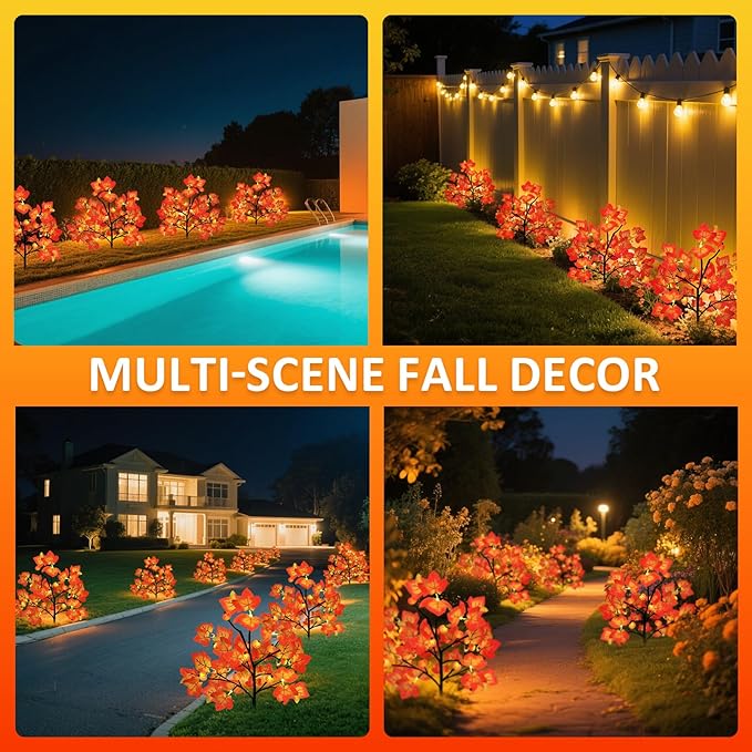 4 Packs Solar Fall Thanksgiving Decorations Outdoor, 80LED Maple Leaf Pumpkin Fall Lights for Outdoor Fall Decorations, Waterproof Thanksgiving Lights for Yard, Pathway Harvest Decor