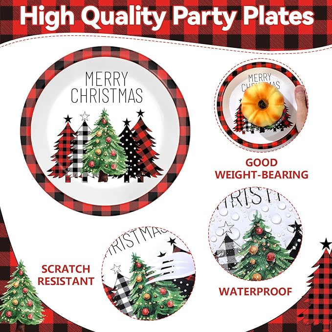 50Pcs Christmas Buffalo Plaid Tree Paper Plates and Napkins Red and Black Gingham Table Decoration Merry Christmas Disposable Party Tableware Set Serves 25 Guest Winter Xmas Holiday Party Supplies