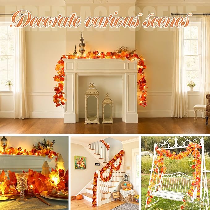 Joyhalo 4 Pack Fall Garland with Lights, Fall Leaves for Mantle, Outdoor Lighted Up Leaf Garland Autumn Decor with 6.5FT LED Lights, Maple Leaves for Table, Home, Indoor, Thanksgiving Decorations