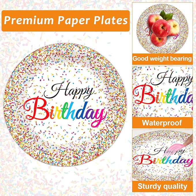 CHUNNIN 50PCS Confetti Sprinkles Plates and Napkins Pastel Happy Birthdays Party Decorations Confetti Theme Party Tableware Set Serves 25 Guest Baby Shower Birthday Supplies