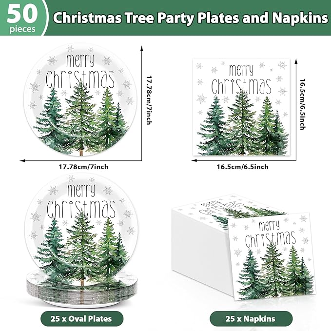 50Pcs Christmas Tree Paper Plates and Napkins Merry Christmas Watercolor Green Cedar Snowflake Party Tableware Set Xmas Pine Trees Disposable Dinnerware for Winter Xmas Holiday Party Decor Supplies