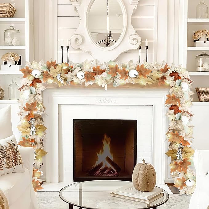 Neutral Fall Garland for Mantle Fireplace - 4 Pack Total 48Ft Outdoor Autumn Leaves Decor for Home Front Door with Pumpkins Indoor Maple for Farmhouse Stairs Porch Halloween Thanksgiving Decorations