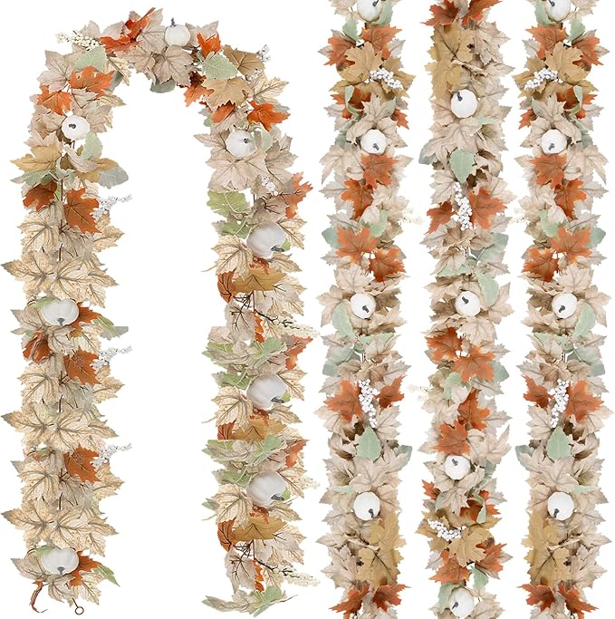 Neutral Fall Garland for Mantle Fireplace - 4 Pack Total 48Ft Outdoor Autumn Leaves Decor for Home Front Door with Pumpkins Indoor Maple for Farmhouse Stairs Porch Halloween Thanksgiving Decorations