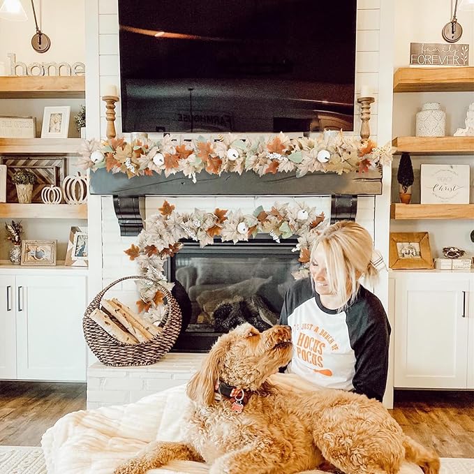 Neutral Fall Garland for Mantle Fireplace - 2 Pack Total 24Ft Outdoor Autumn Leaves Decor for Home Front Door with Pumpkins Indoor Maple for Farmhouse Stairs Porch Halloween Thanksgiving Decorations