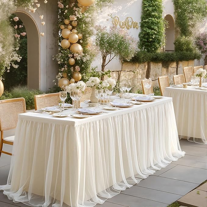 4 Pack Ivory Tablecloths for 6 Foot Rectangle Tables with Tulle Table Skirt Wedding Table Cover Stretchy Fitted Ruffle Tutu Tablecloth for Baby Shower Reception Birthday Parties Celebration Banquet