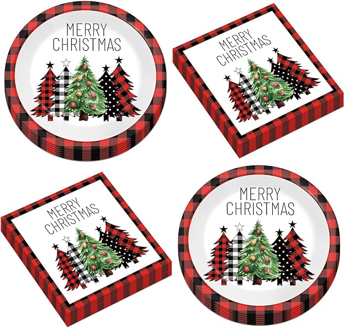 50Pcs Christmas Buffalo Plaid Tree Paper Plates and Napkins Red and Black Gingham Table Decoration Merry Christmas Disposable Party Tableware Set Serves 25 Guest Winter Xmas Holiday Party Supplies