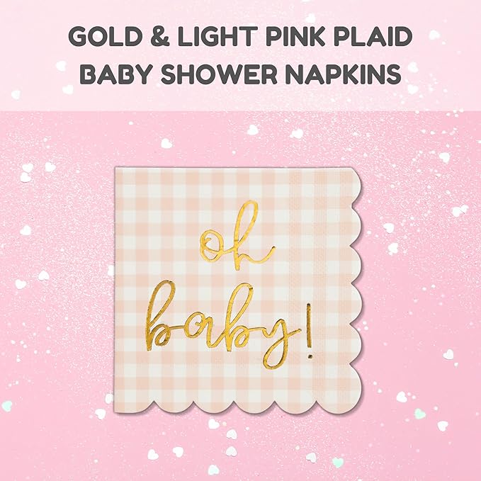 'Oh Baby' Pink Baby Shower Decorations for Girls, Pink Plaid Oh Baby Napkins, Gingham Scalloped It's a Girl Decor, 1st Birthday, Welcome Home, Sprinkles, Pregnancy Announcement, 50 Pack