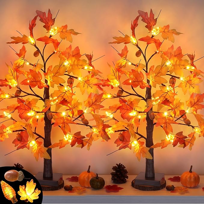 2 Pack 24 Inch Fall Maple Tree Fall Thanksgiving Decorations with Lights Lighted Artificial Tree with Pumpkin Acorn Maple Thanksgiving Table Decoration Centerpieces Indoor Friendsgiving Decor for Home