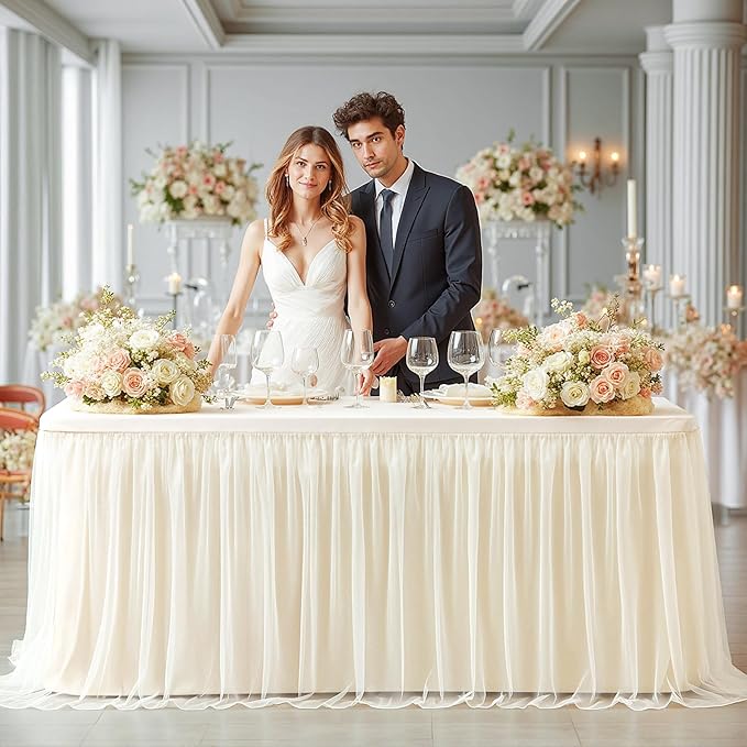 4 Pack Ivory Tablecloths for 6 Foot Rectangle Tables with Tulle Table Skirt Wedding Table Cover Stretchy Fitted Ruffle Tutu Tablecloth for Baby Shower Reception Birthday Parties Celebration Banquet