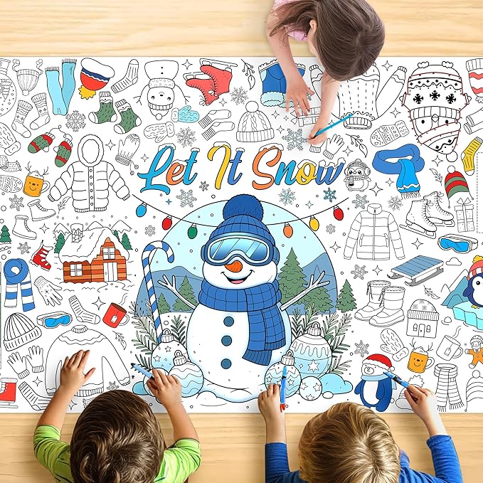 Winter Coloring Tablecloth for Kids, A Large 30x72 Inch Poster with Snowman, Snowflake, and Winter Scenes, Perfect for Holiday Party Games, Decorations, Classroom Fun, and Seasonal Supplies