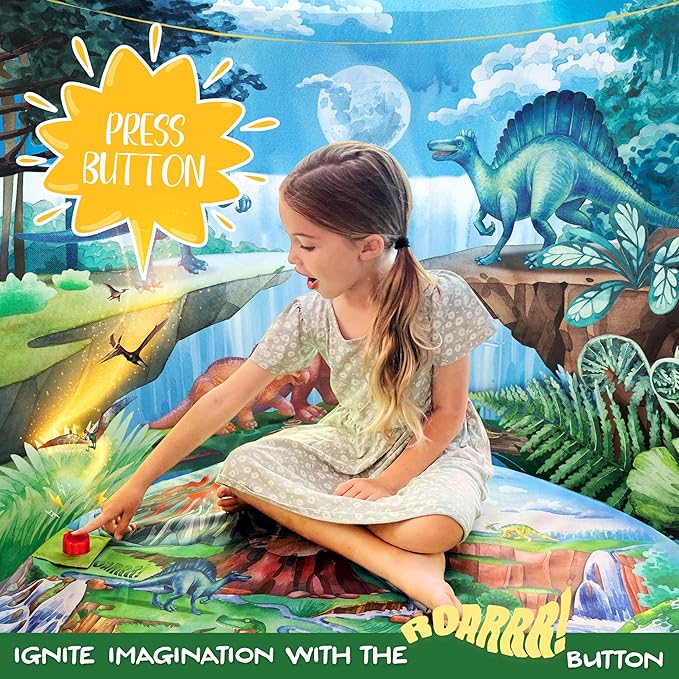 W&O Dinosaur Discovery Kids Tent with Roar Button, Dinosaur Toys and LED Lights - Epic Pop Up Tent for Boys & Girls - Perfect for Indoor & Outdoor Adventures