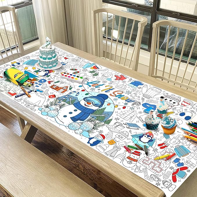 Winter Coloring Tablecloth for Kids, A Large 30x72 Inch Poster with Snowman, Snowflake, and Winter Scenes, Perfect for Holiday Party Games, Decorations, Classroom Fun, and Seasonal Supplies