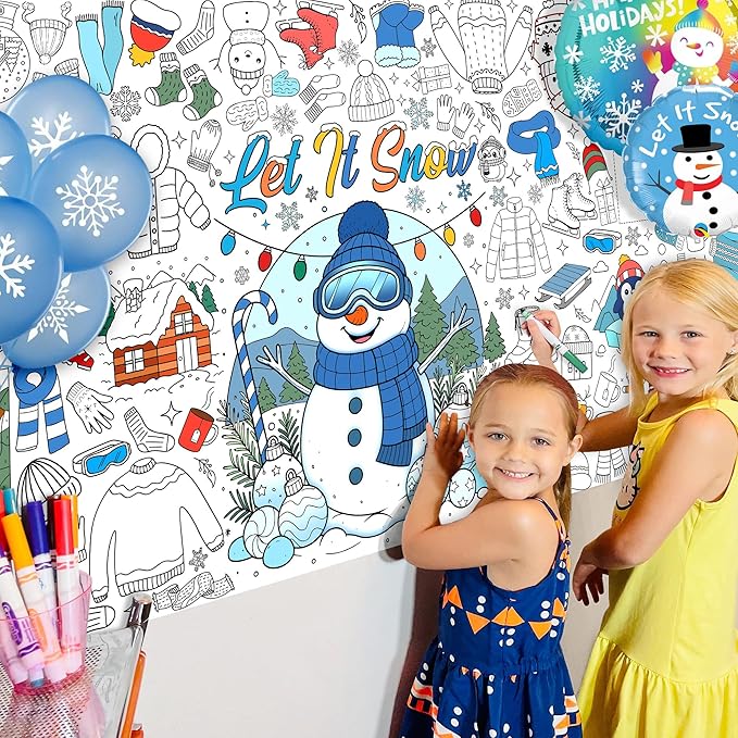 Winter Coloring Tablecloth for Kids, A Large 30x72 Inch Poster with Snowman, Snowflake, and Winter Scenes, Perfect for Holiday Party Games, Decorations, Classroom Fun, and Seasonal Supplies