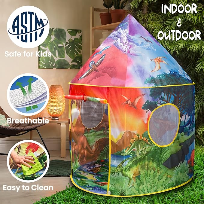 W&O Dinosaur Discovery Kids Tent with Roar Button, Dinosaur Toys and LED Lights - Epic Pop Up Tent for Boys & Girls - Perfect for Indoor & Outdoor Adventures