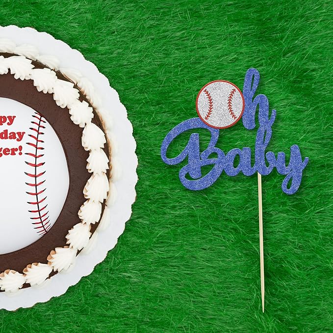 1 Pack Baseball Oh Baby Cupcake Toppers Glitter Sport Baseball Theme Babyshower Oh Baby Cake Decoration for Baseball Theme Babyshower Birthday Party Cake Decorations Supplies
