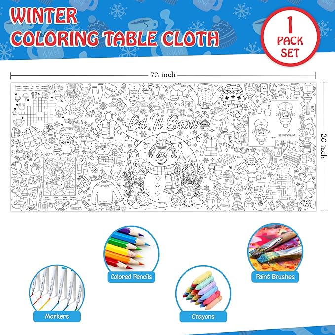 Winter Coloring Tablecloth for Kids, A Large 30x72 Inch Poster with Snowman, Snowflake, and Winter Scenes, Perfect for Holiday Party Games, Decorations, Classroom Fun, and Seasonal Supplies